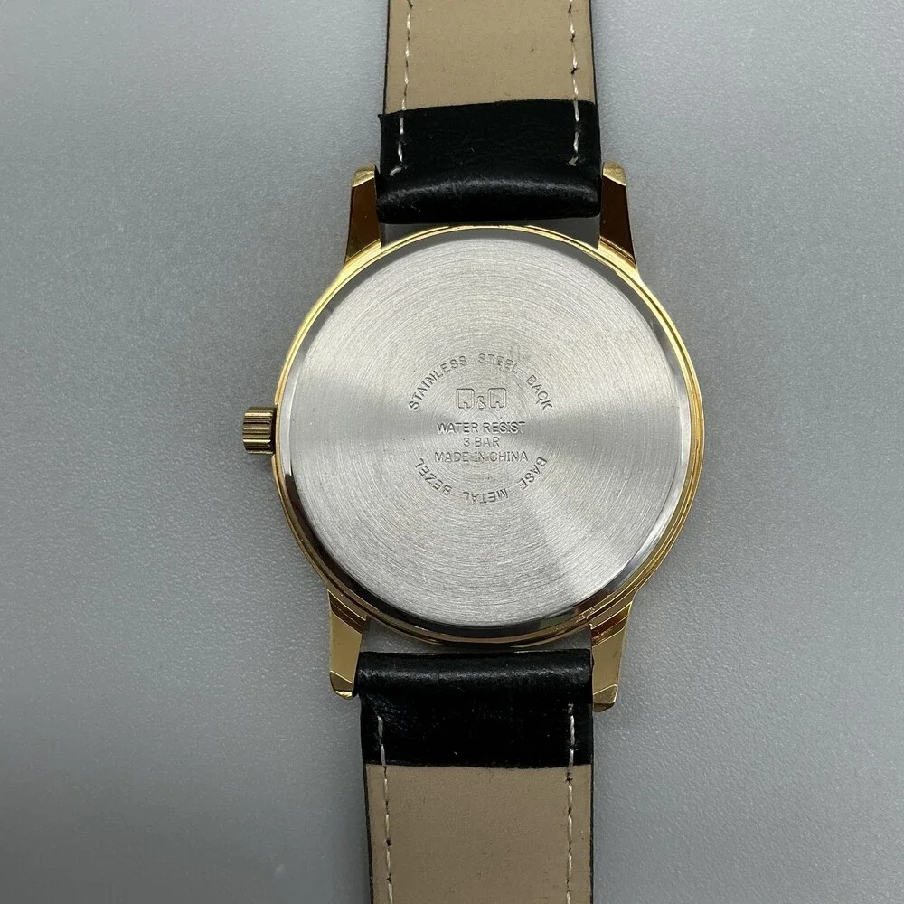 Q&Q Quartz Mens Watch 39mm Gold Tone Case Round Dial Black Band New Battery